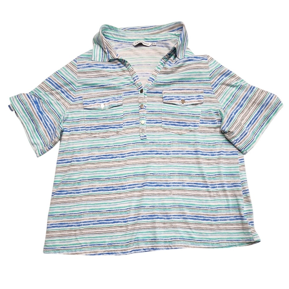 Emily Daniels Striped Polo Top Short Sleeve Button Pocket Blue Green Womens 2X